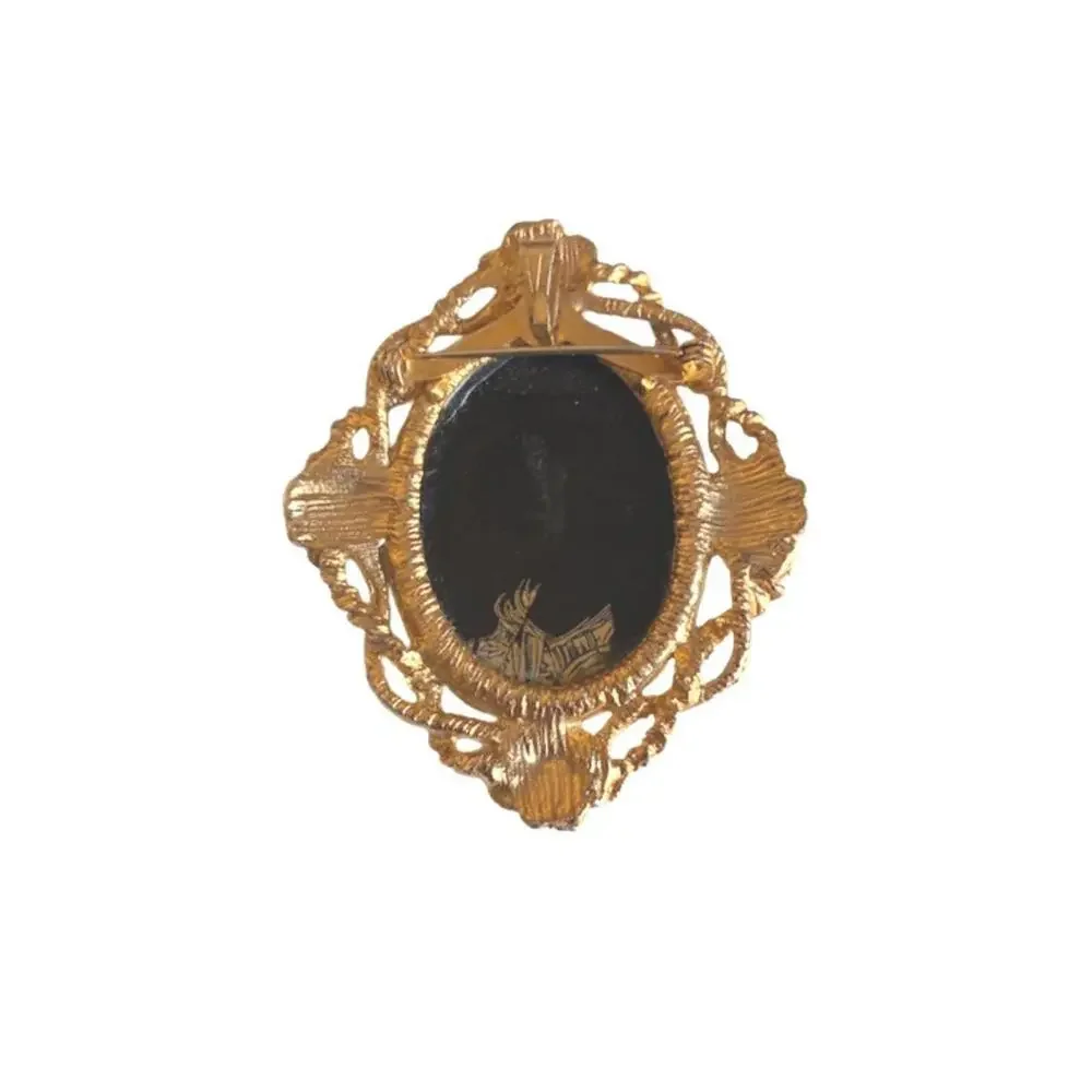Vintage Black Glass Intaglio Gold Tone Brooch Convertible Pendant